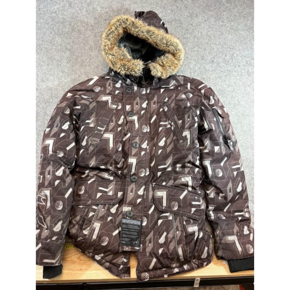 Fox Racing KGB Parka Snowboard Jacket Men Small Faux Fur Hood Geometric Moto Y2K